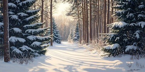 Snowy Forest Path Leading Through Winter Wonderland with Frost-Covered Trees and Serene Atmosphere Ideal for Seasonal Design Projects
winter forest in the morning