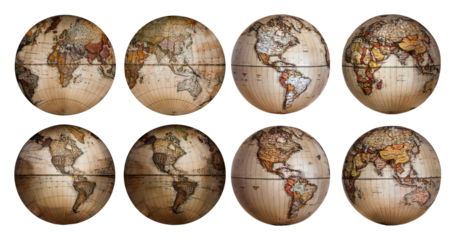 Vintage World Map Collection with Decorative Globes and Cartography, Bundle Set Collection, Isolated on Transparent Background