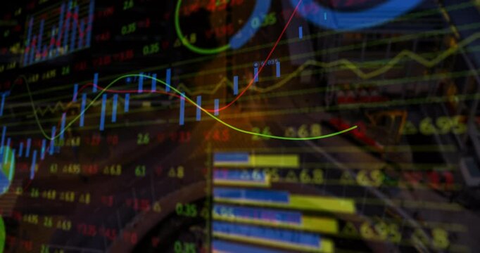 Translucent overlay showing blue candlesticks with red green trend lines flowing across rail yard