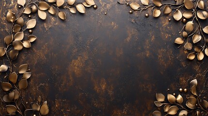 Golden leaves & berries on dark textured background. Decorative