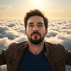 Serene man standing above the clouds at sunrise with soft lighting and calm expression
