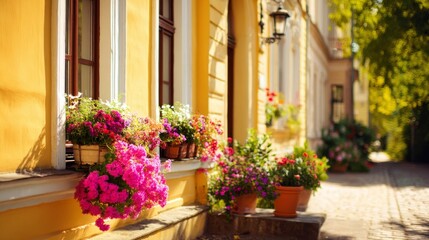 Fototapeta premium Sunny yellow house with blooming flowers, warm summer charm 