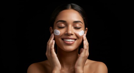 Skincare beauty routine with relaxed smiling woman applying cream on face