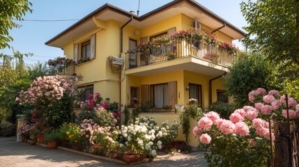 Fototapeta premium Sunny yellow house with blooming flowers, warm summer charm 