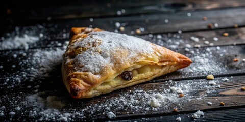 A single, golden-brown pastry dusted with powdered sugar, resting on a rustic wooden surface, with a hint of the filling visible