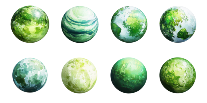 Set Collection of Green Planets Fantasy Celestial Isolated on transparent  