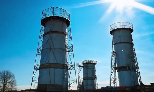 Grain elevators against blue sky.