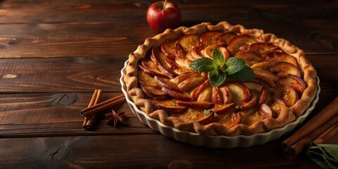 A freshly baked apple pie with a golden crust and a sprig of mint on top, resting on a wooden table next to cinnamon sticks and star anise