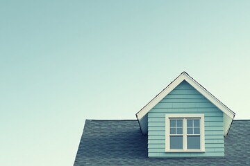 Dormer Window on Blue House with Shingle Roof Against Pale Sky Backdrop