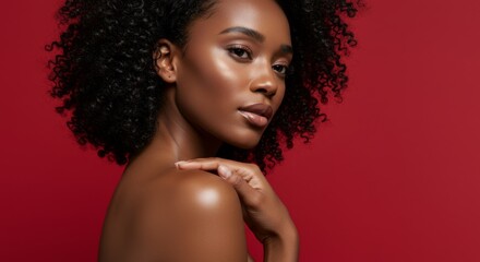 Fototapeta premium Elegant beauty portrait highlighting natural skin tone on red background