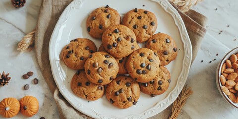 A plate of freshly baked chocolate chip cookies, a sweet treat perfect for sharing with friends and family.