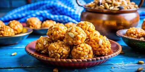 A Close-Up of Sweet, Golden-Brown, Crunchy, Sesame Seed Balls Arranged in a Ceramic Dish on a Blue Wooden Surface