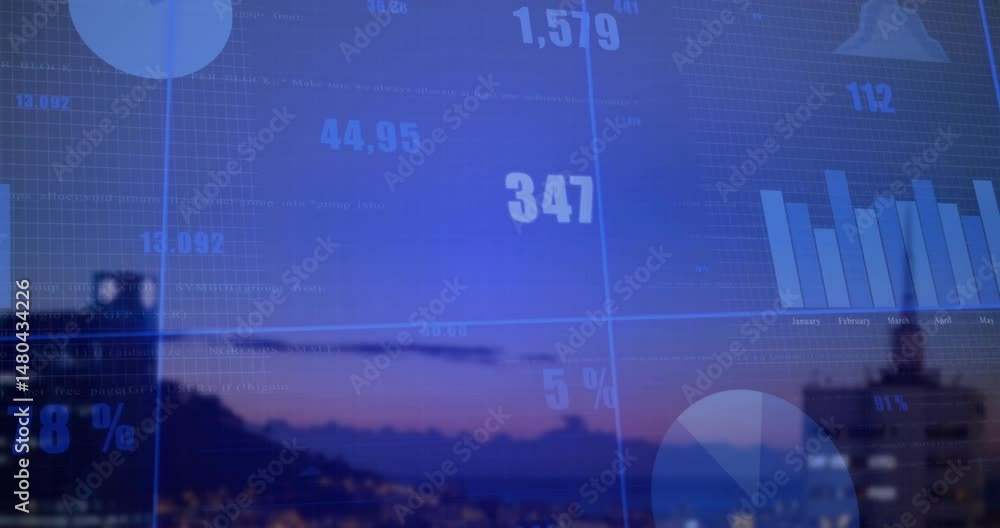 Poster flat design data visualization showing gridlines bar chart pie segment labels over dusk skyline