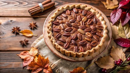 A golden pecan pie, nestled amongst autumn leaves and rustic wood, evokes the warmth and flavors of the season.