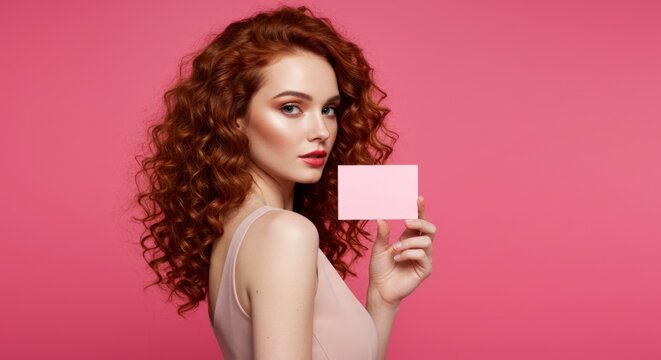 Elegant woman holding card with beautiful curly red hair against pink background for beauty and fashion concepts
