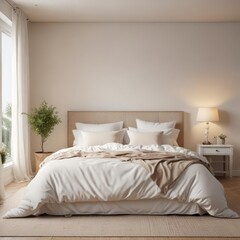 Modern white & cream bedroom, country style bedding , cream walls, throw, minimalist bedroom