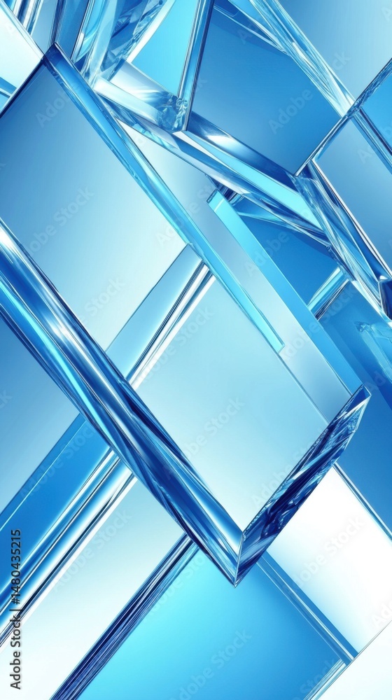 Poster abstract blue glass blocks intersecting in a modern design close up perspective for backgrounds and 