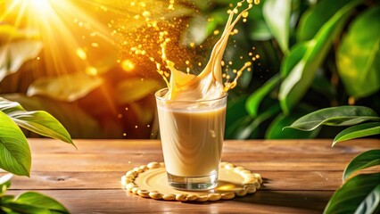 A glass of creamy liquid with a dramatic splash, set against a backdrop of lush green leaves and warm sunshine.