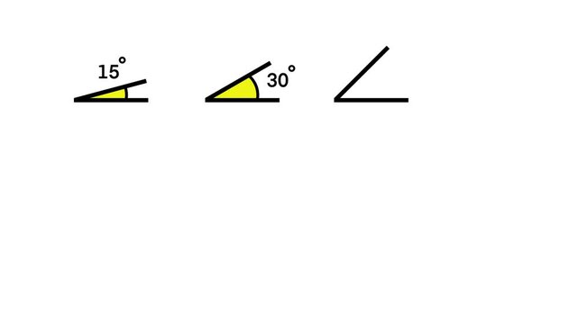 An educational illustration displaying various angles, ranging from 15 to 180 degrees, teaching or learning about different types and measurements of angles in geometry or mathematics