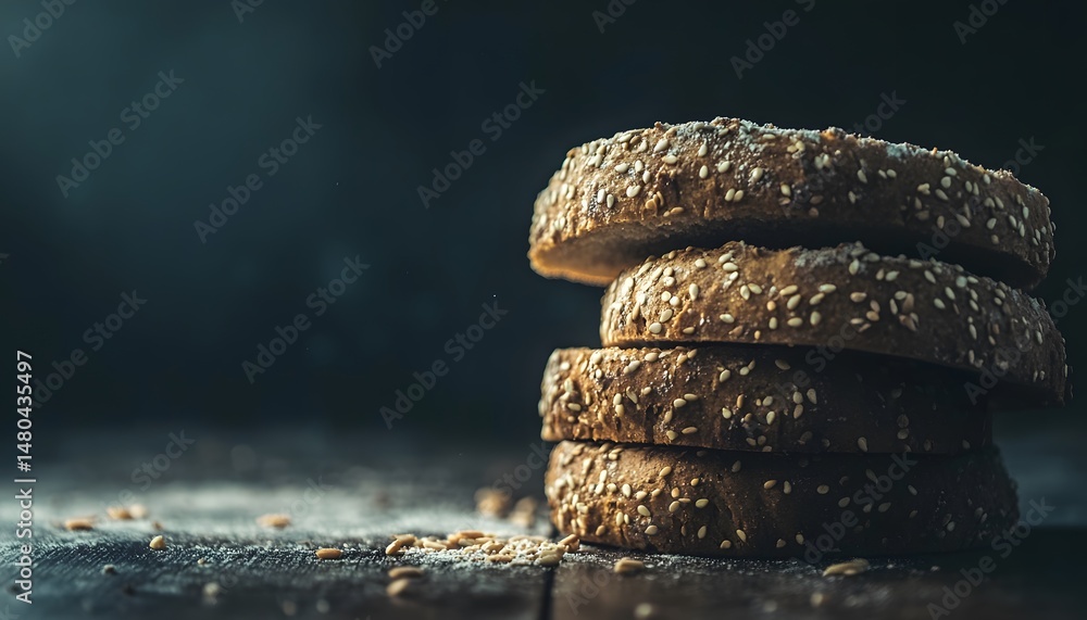 Poster stack of seeded bread rounds on a dark wooden surface.