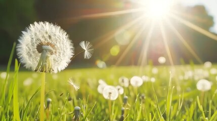 Dreamy macro image of a dandelion releasing seeds against a softly blurred green field