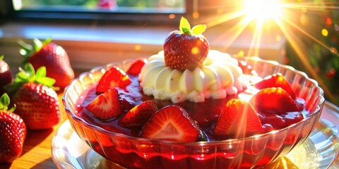 A bright, summery dessert with fresh strawberries and a creamy topping, bathed in the warm glow of the setting sun.