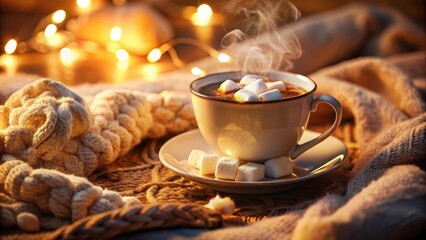A steaming cup of hot chocolate with marshmallows and sugar cubes on a cozy winter evening setting, with warm knitted fabric and a rustic wooden background