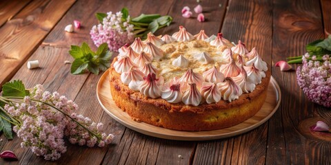A rustic wooden table adorned with a delicate floral arrangement, features a freshly baked pie topped with a swirl of meringue and a touch of pink frosting.