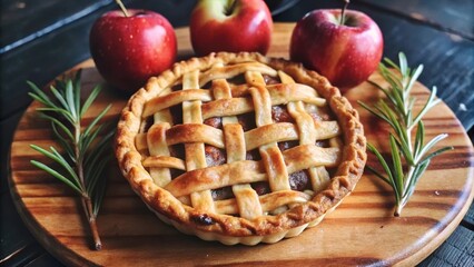 A freshly baked apple pie with a golden brown crust, surrounded by red apples and sprigs of rosemary, sits on a wooden platter, a delectable treat for any occasion.