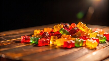 A scattering of colorful gummy bears on a wooden surface, illuminated by warm light, creating a vibrant and playful scene.