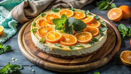 A creamy cheesecake topped with fresh citrus slices and mint leaves, resting on a rustic wooden base