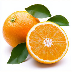 Fresh Whole and Halved Oranges with Green Leaves on White Background
