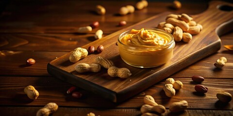 A small glass jar filled with creamy peanut butter sits on a wooden cutting board surrounded by scattered peanuts.