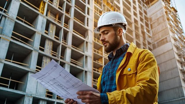 Construction Site Professional: Architect Reviewing Building Plans