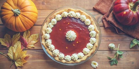 Autumnal Delight A Pumpkin Pie Topped with Whipped Cream and Autumn Leaves on a Wooden Table
