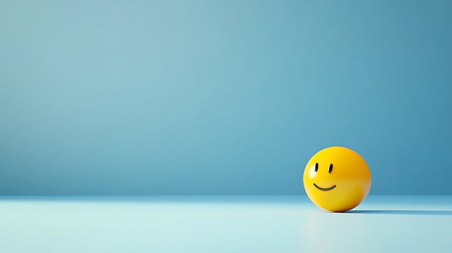 Naklejki a single yellow crying emoji ball placed on the right edge of a blue background, the left side is empty for copy space, minimal composition, soft lighting, high detail, 3D render .