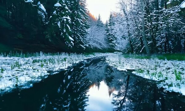 Spring forest after the snowfall. Springtime water stream. Forest river in the winter. Green grass, flowers and trees covered with frost