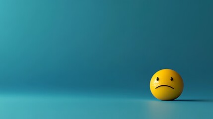 a single yellow crying emoji ball placed on the right edge of a blue background, the left side is empty for copy space, minimal composition, soft lighting, high detail, 3D render .