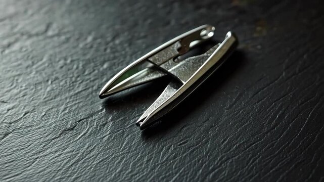 metal seam ripper resting on dark stone surface with textured background and selective focus
