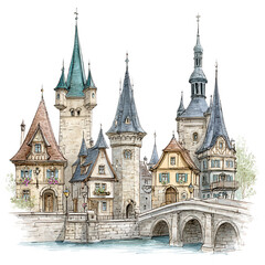 Obraz premium A watercolor painting shows an enchanting fairytale castle town scene