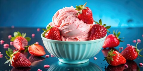 A bowl of pink strawberry ice cream topped with fresh strawberries, surrounded by scattered strawberries on a blue background.