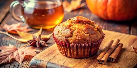 A warm pumpkin muffin with cinnamon sticks on a wooden board surrounded by autumn leaves and a glass of tea
