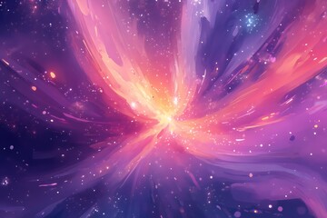 Obraz premium Painted galaxy with swirling clouds of pink, purple, and yellow, with stars scattered throughout. A bright light emanates from the center of the galaxy.