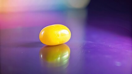 A smooth, yellow, polished stone rests upon a purple reflective surface, casting a mirror image that reveals its depth and sheen.