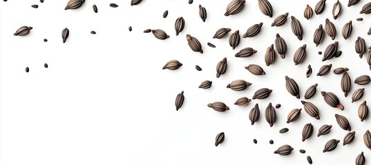 Dark brown seeds scattered on white background.  Small, oblong-shaped seeds are densely distributed, creating a visual texture