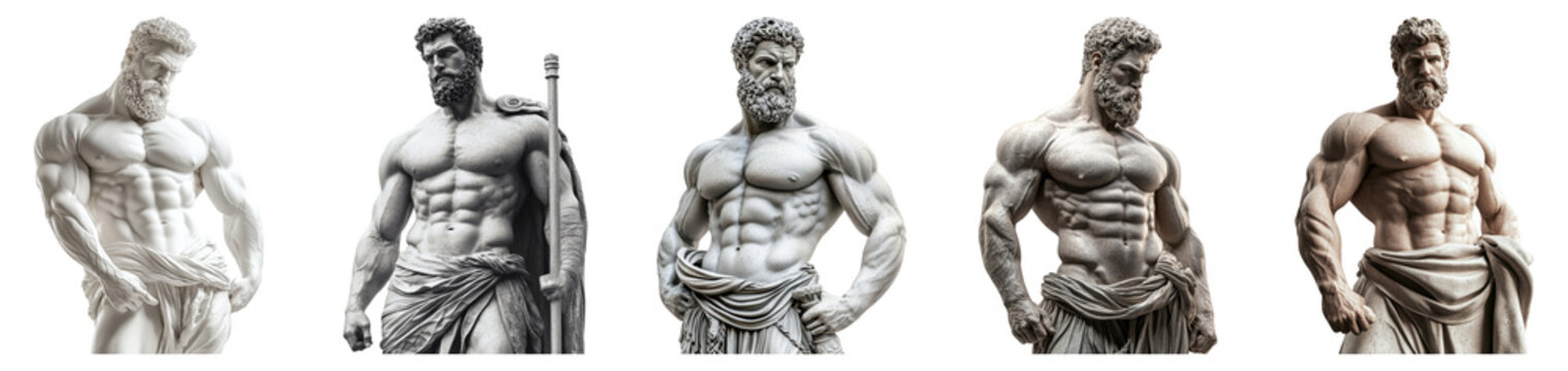Muscular male figure sculptures in various artistic styles and poses, PNG bundle collection, Isolated on Transparent Background
