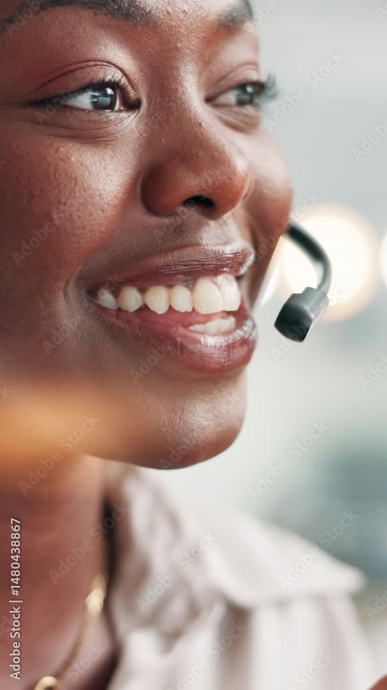 Aufkleber communication, consulting and contact us with black woman in call center for advice or support. cust