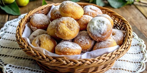 A wicker basket filled with freshly baked, golden brown donuts generously dusted with powdered sugar, a sweet and comforting treat