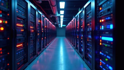 Server room with network cables and equipment, connection, efficient