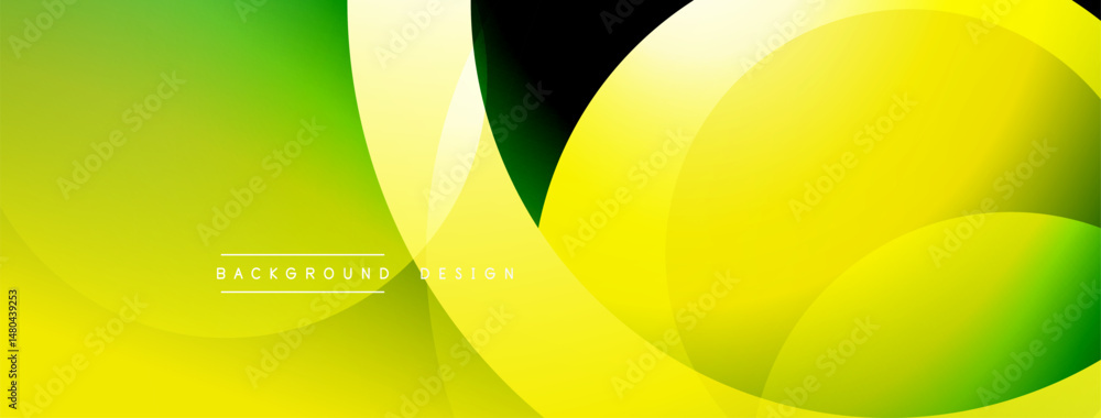 Poster bright gradient background features overlapping circles, curves. modern design with yellow, green hu
